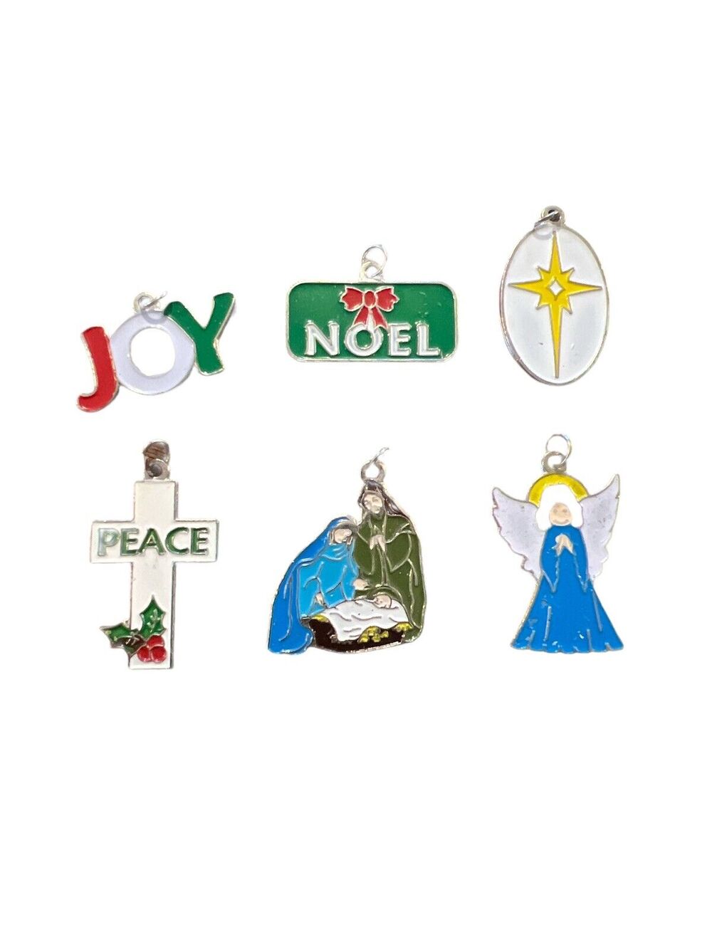 6 Enamel Christmas Charms Silver Pendants Findings Holiday Set Nativity Lot